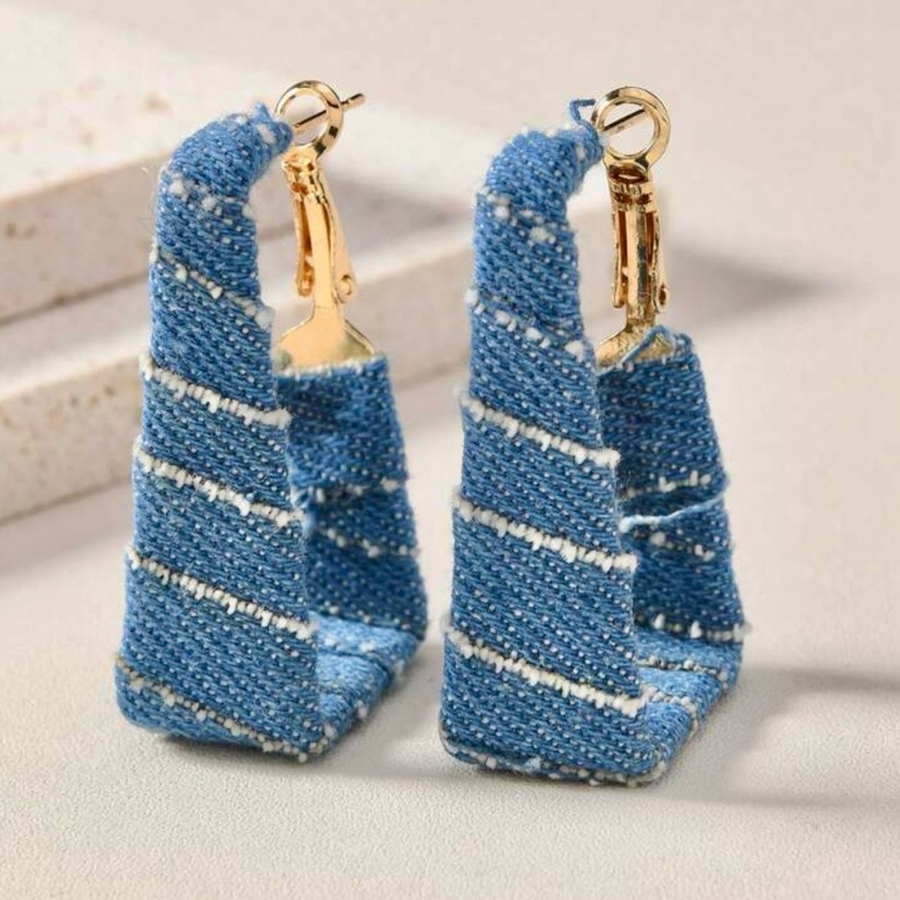 Blue Striped Fabric Loop Drop Earrings